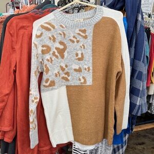 JODIFL Tan and Gray Leopard Colorblock Sweater